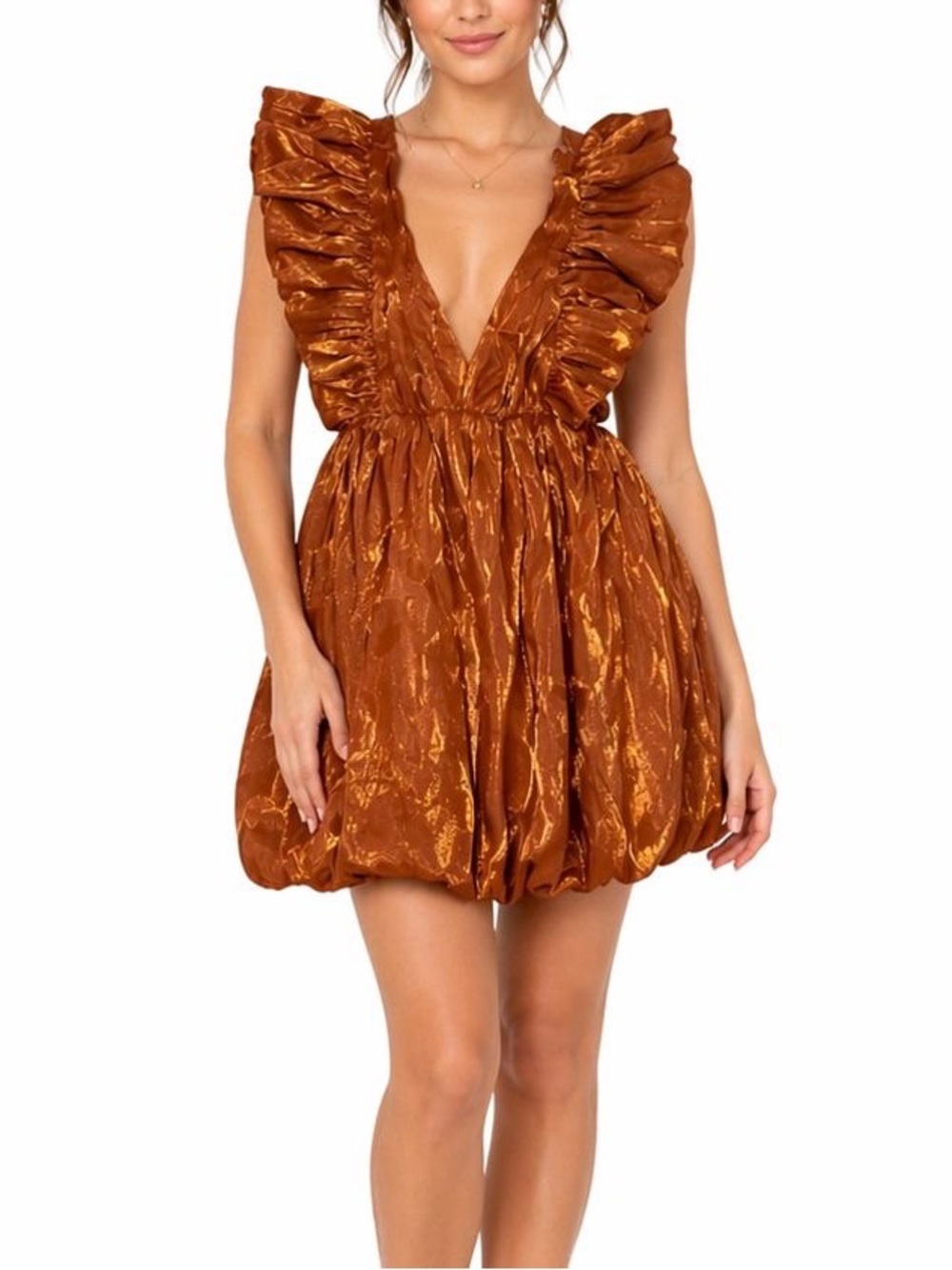 Lulus NWT Babydoll Mini Dress M Rust Orange Ruffle Glam Cocktail Party